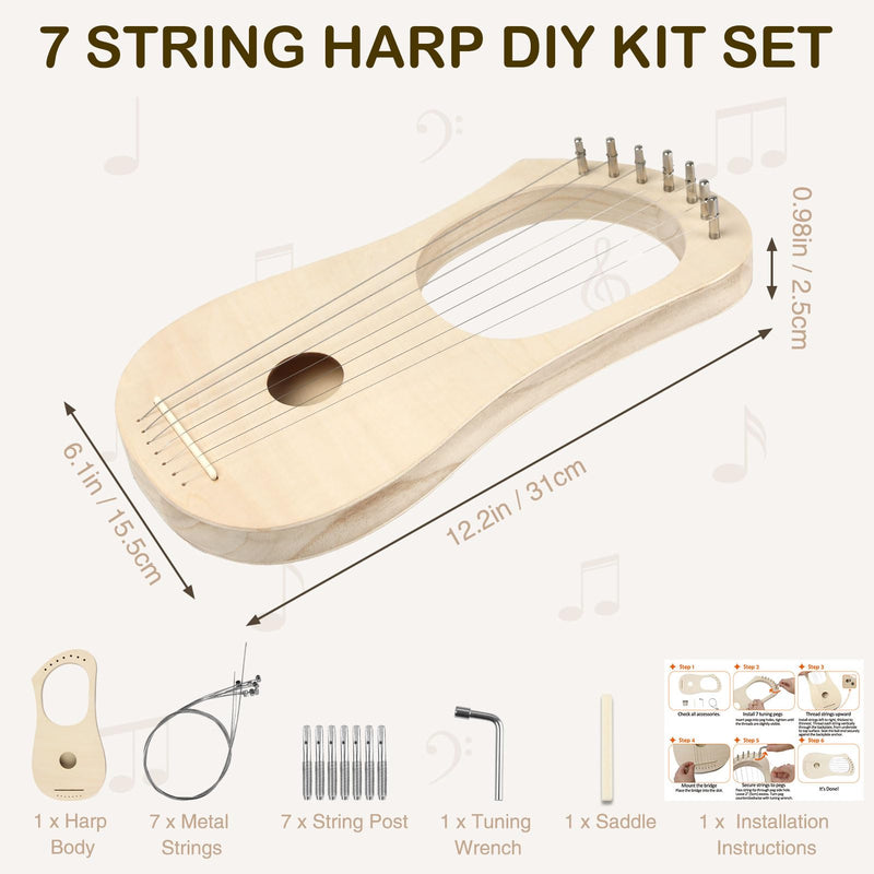 [AUSTRALIA] - Lyre Harp 7 String DIY Kit, Wooden Instrument Kit Handmade with Basswood Body Strings Tuning Wrench Saddle Bridge Pins, Easy Assembly for Beginners and DIY Enthusiasts 