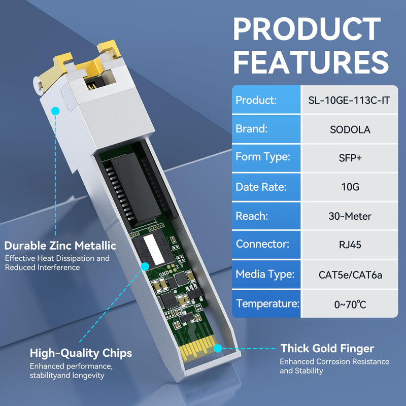 SODOLA 10GBase-T SFP+ to RJ-45 Transceiver,Programmed for Intel | with Marvel Chip，10Gbe SFP+ Copper Ethernet CAT6a Module, up to 30m, for Intel, Ubiquiti UniFi, Fortinet, TP-Link and More 10Gbase-T-Intel