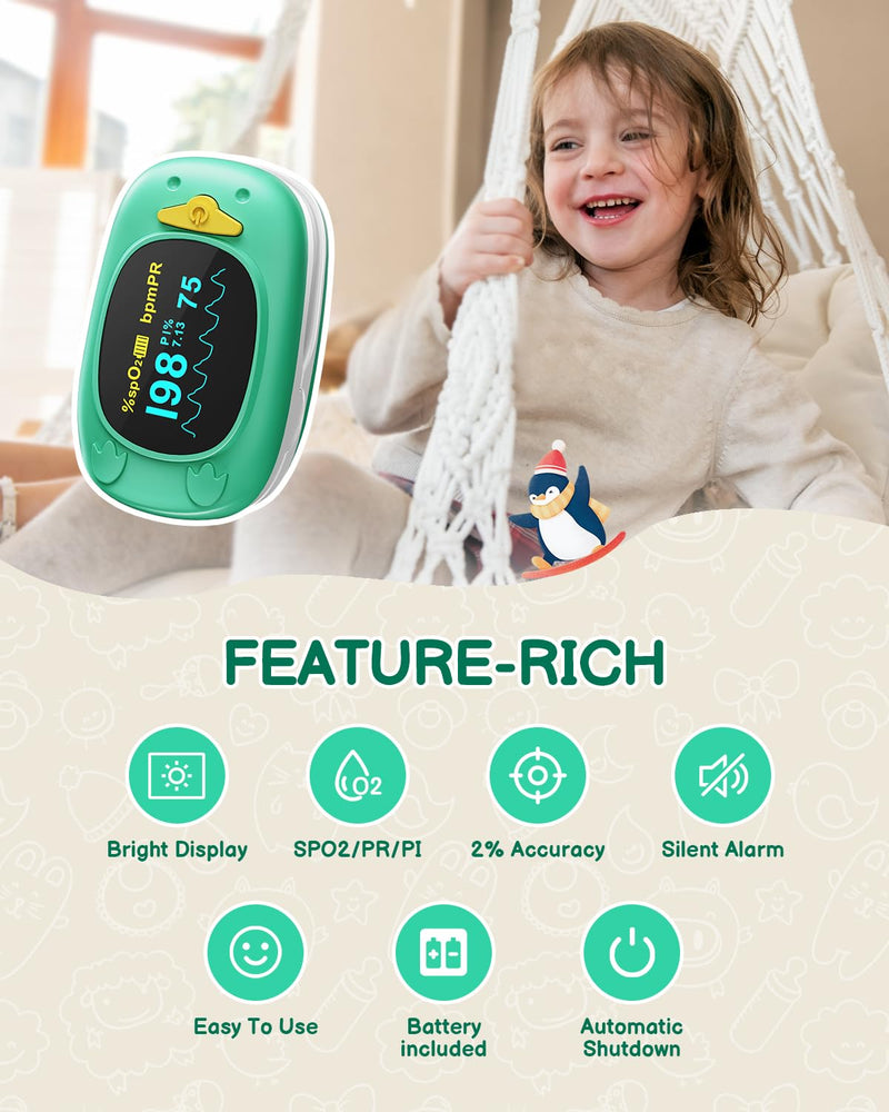 Paediatric Pulse Oximeter, HOLFENRY Oxygen Saturation Meter Finger for Children Pulse Oximeter Finger Oximeter Child-friendly Design Monitoring of SpO2, PI, Heart Rate grass green