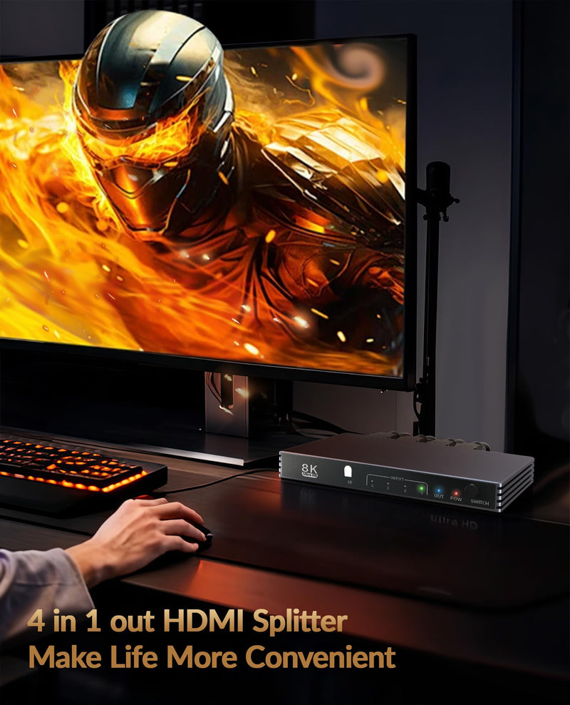 HDMI Splitter 4K 240Hz HDMI Switcher 4 in 1 Out - 8K60Hz 4K240Hz Hdmi Switch with Remote HDR10+ HDMI2.1 3D CEC HDR HDCP2.3, Add Extra hdmi Ports for TV PS5/4/3 Xbox DVD Player Nintendo PC Fire Stick