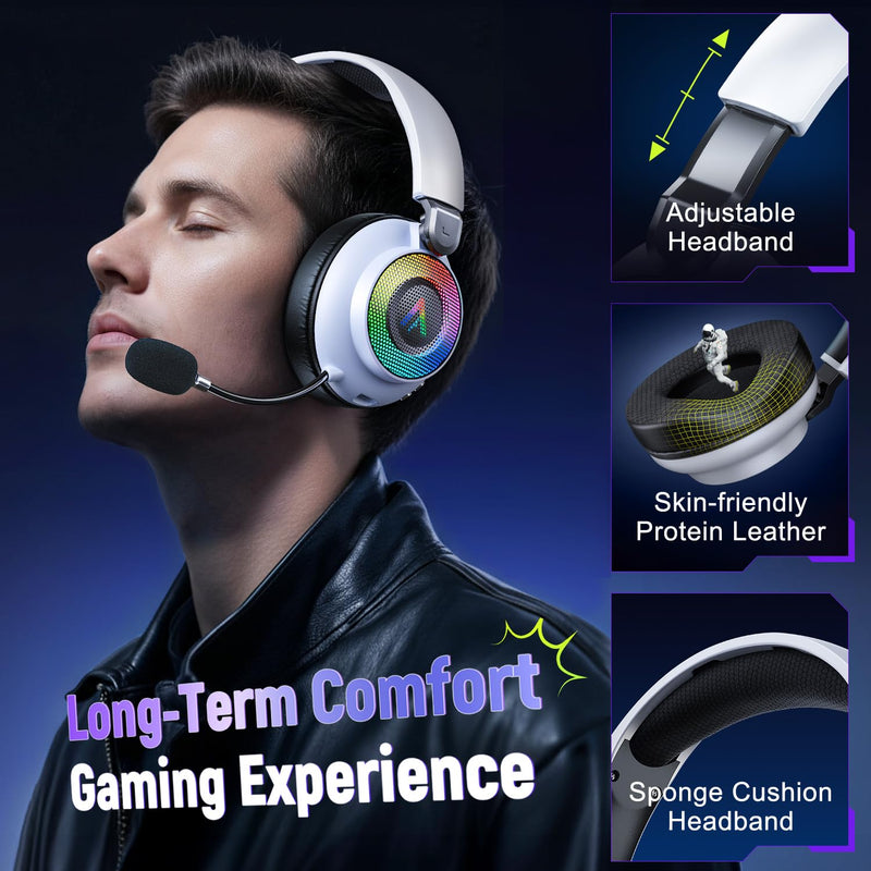 Wireless Gaming Headset for Ps5 Ps4 - 2.4GHz, Bluetooth, Wired, 7.1 Surround Sound, Noise Cancelling Mic, RGB Lights, 40H+ Battery, Lossless Audio, Comfy Over Ear Headphones for PC, Switch, Xbox, Mac White