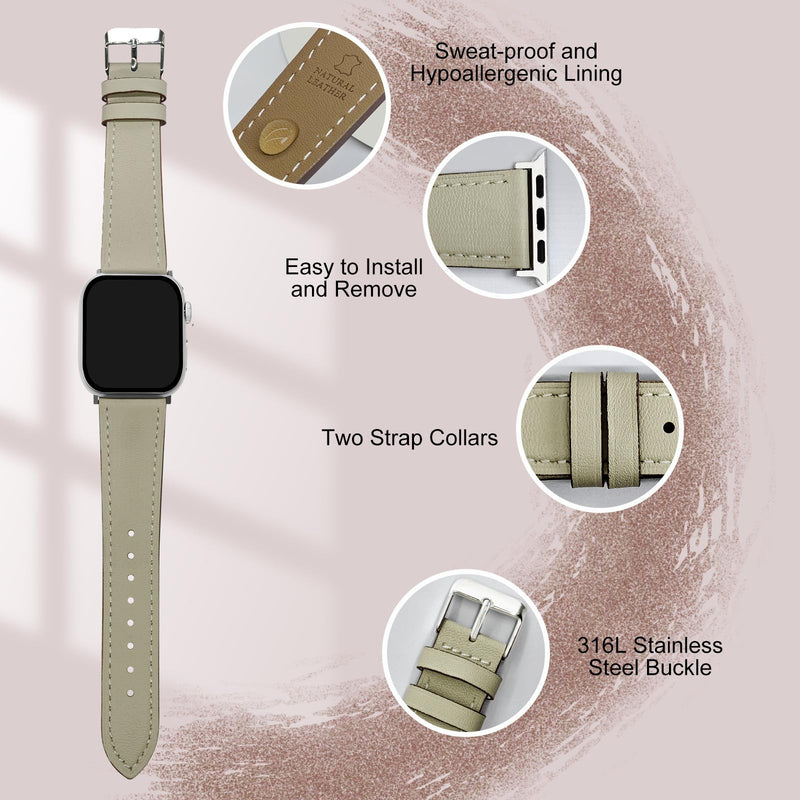 2 Pack Genuine Leather Band, Black and Beige Couple Watch Bands Compatible with Apple Watch Men Women 38mm 40mm 41mm 42mm 44mm 45mm 46mm 49mm
