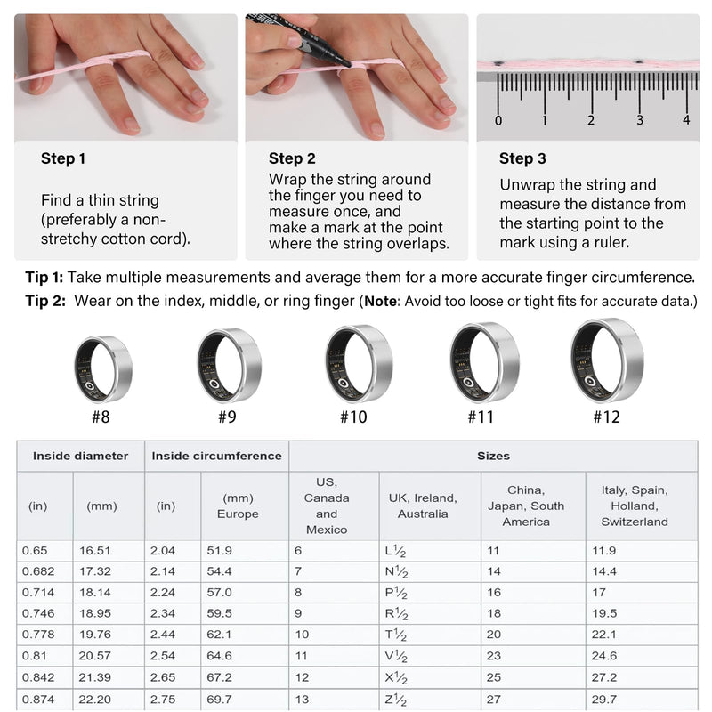 Smart Ring Fitness Tracker Ring for Men and Women - Health Heart Rate Ring with Activity Tracker, Sleep Monitor and Oximeter, No Subscription Fee, Remote Photography, IP68 Waterproof (Silver, 12#)