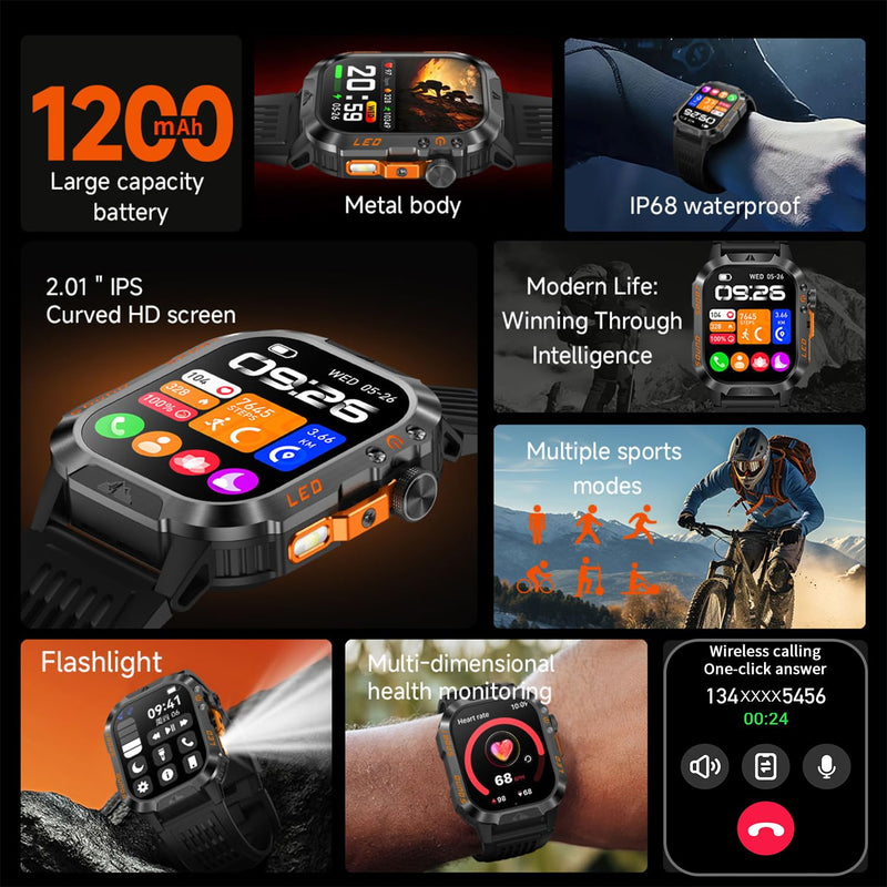 Smart Watch,1200mAh Long Battery Life, 2.01-inch LCD, Bluetooth Calling, Flashlight, Heart Rate/Sleep Monitoring, Supports 100+Sports Modes, IP68 Waterproof,Android & iOS Compatible (Black) Black