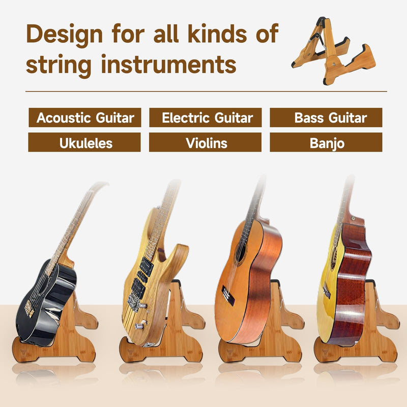 Guitar Stand Floor- Bamboo Acoustic Electric Guitar Stands A-frame Wooden, Foldable Wooden Single Bass Guitar Holder Portable Soporte Para Guitarra Rack for Mandolin Banjo Ukulee Violin (A-Frame) Frame-A