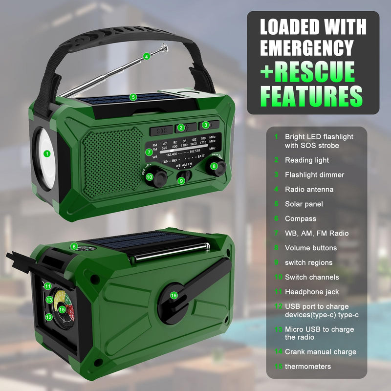 10000mAh Emergency Hand Crank Radio with LED Flashlight, AM/FM NOAA Portable Weather Alert Radio, Solar Powered Radio with Phone Charger, USB Charged, Headphone Jack, SOS Alarm, Compass for Outdoors