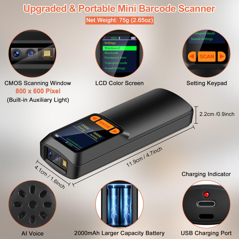 KUIIYER Mini Bluetooth Barcode Scanner, Wireless 2D QR 1D Bar Code Scanners with LCD Screen Display & Setting Keypad & AI Voice, Small Portable Handheld Barcode Reader for Smart Phone, Computers & POS
