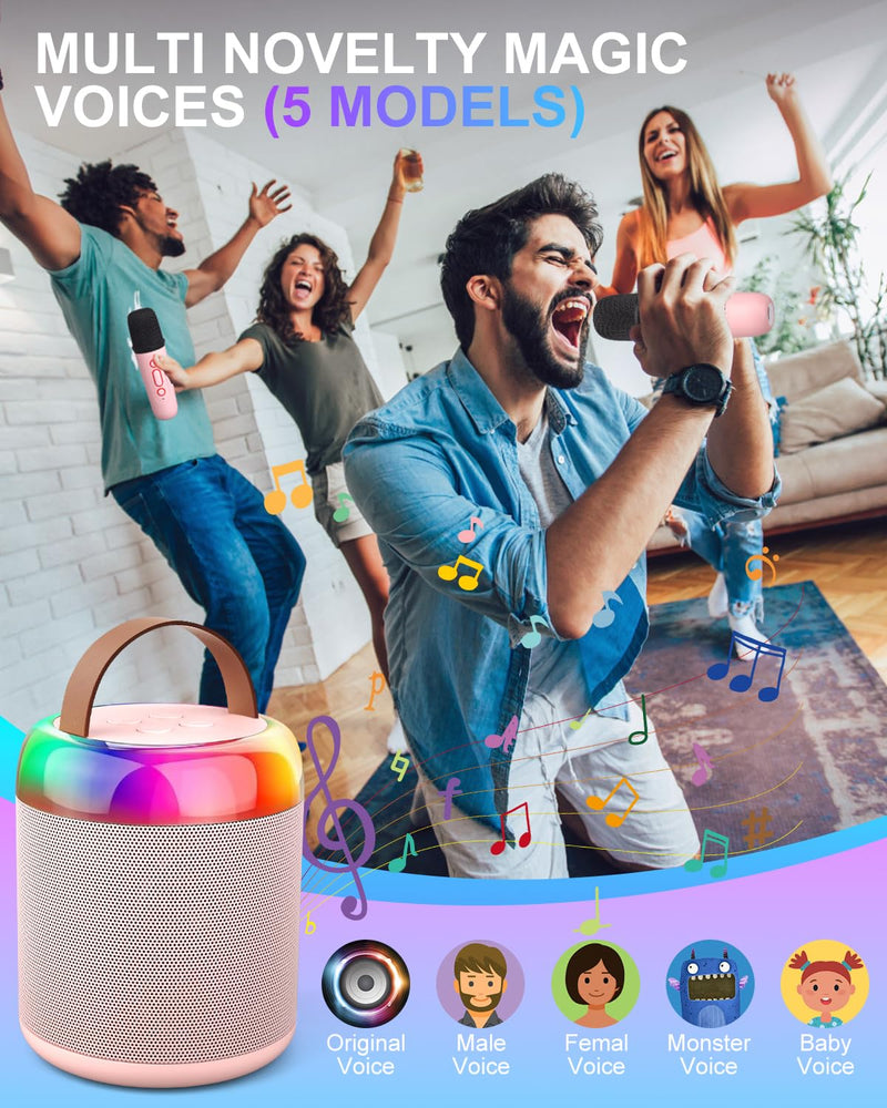 Mini Party Karaoke Machine Toy for Kids Audlts, Portable Led Karaoke Toy Speaker with 2 Wireless Microphones for Girls Boys Birthday, Holiday Stocking Stuffer Party Favors Supplies PINK