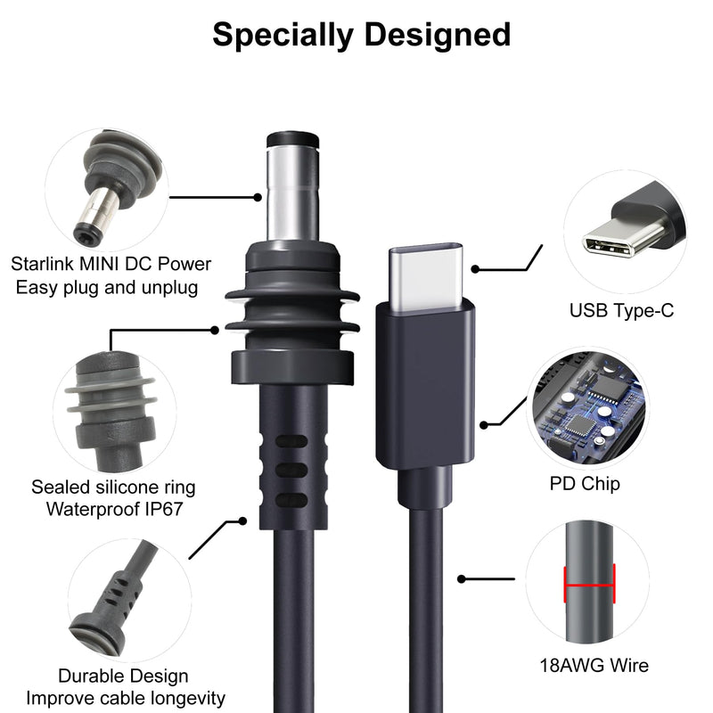 Starlink Mini USB C to DC Power Cable, 49ft Starlink Mini Type-C to DC Power Cable, PD 20V Type-C Input to DC Male Output Waterproof, Compatible 65W+ PD 20V Protocol Power Supply/Source (15M) 15M