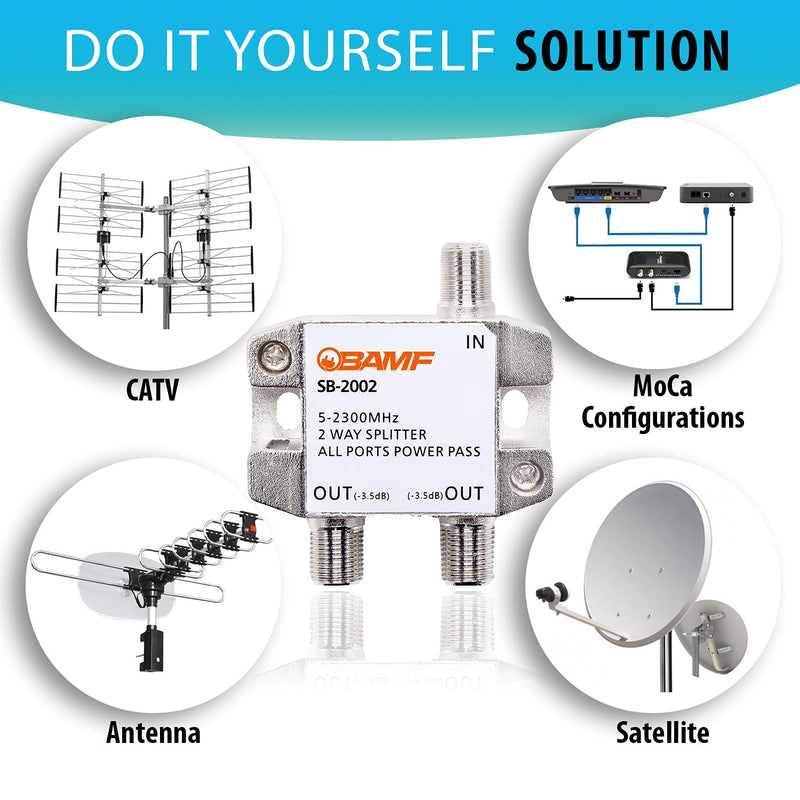 BAMF 2 Way Coaxial Cable Splitter, Bi-Directional Coax MoCA 5-2300MHz, RG6 Compatible, Nickel Plated Cable Splitter Internet and TV Splitter, Satellite, Amplifier, Antenna, Analog/Digital Connections