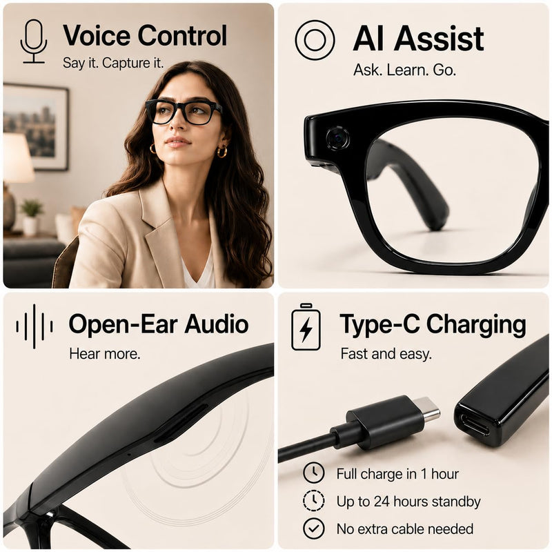 Smart Glasses with Camera for Travel, Recording, Translation, Music Player | 8MP camera, voice control, real-time translation, object recognition, photochromic lenses and open-ear audio