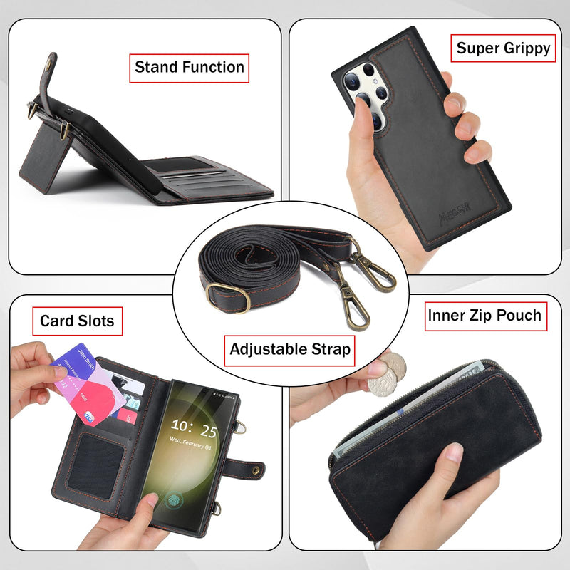for Samsung Galaxy S24 Ultra Wallet Case,Multi-Function Wallet Case, Detachable 3 in 1 Magnetic Galaxy S24 Ultra Case Wallet,Flip Strap Zipper Card Holder Phone Case with Shoulder Straps(Black) Black
