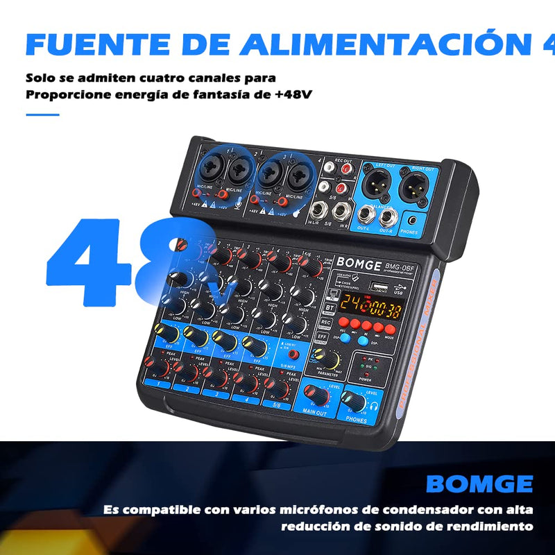 [AUSTRALIA] - BOMGE 6 Channel mini DJ Audio sound mixer console with USB interface, Bluetooth, Stereo Recording, 48V Phantom Power, 24 DSP effects for karaoke, singing, live，streaming，pc recroding. (white) white 