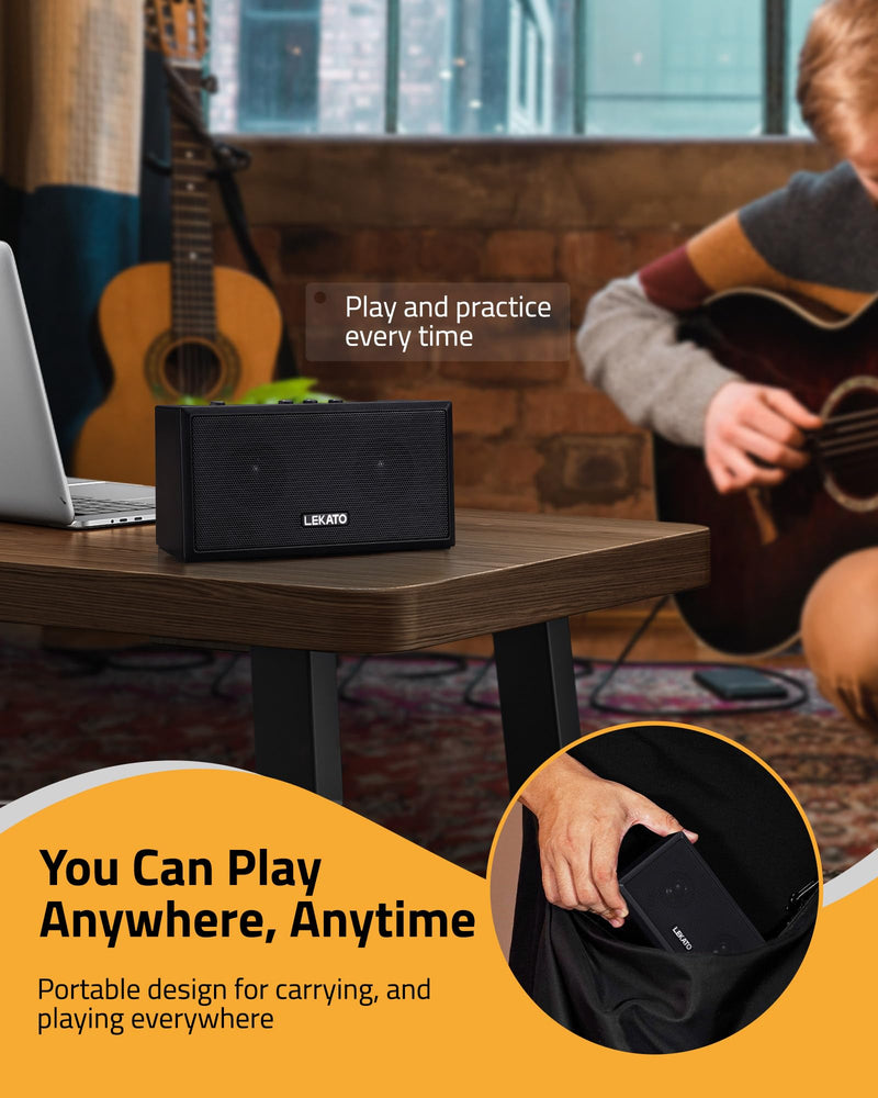 LEKATO Guitar Amplifier with Clean Overdrive Effects 5W Rchargeable Electric Guitar Amp Small Bass Amplifier Bluetooth Bass Amplifier for Daily Practice Black