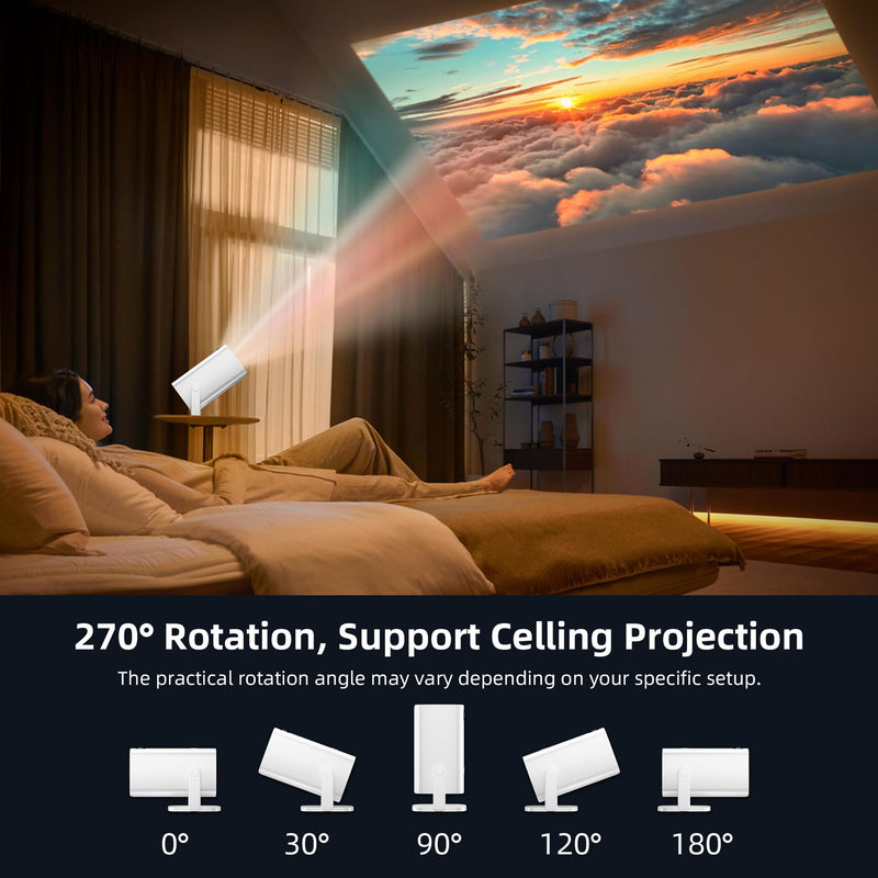 [AUSTRALIA] - Mini Projector, Portable Projector 4K & Full HD 1080P Support, 270° Rotation Outdoor Projector, Movie Projector Compatible with Smartphone, TV Stick, Laptop, PS4, HDMI, USB Ivory 