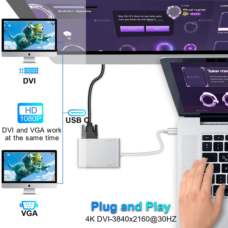 USB C to HDMI DVI VGA Adapter, Weton 4 in 1 USB-C hub to 4K HDMI, VGA, DVI Video Adapter, Male to Female Multi-Display Video Converter Monitors Connector for Mac Pro, MacBook Air, iPad Pro, XPS, etc
