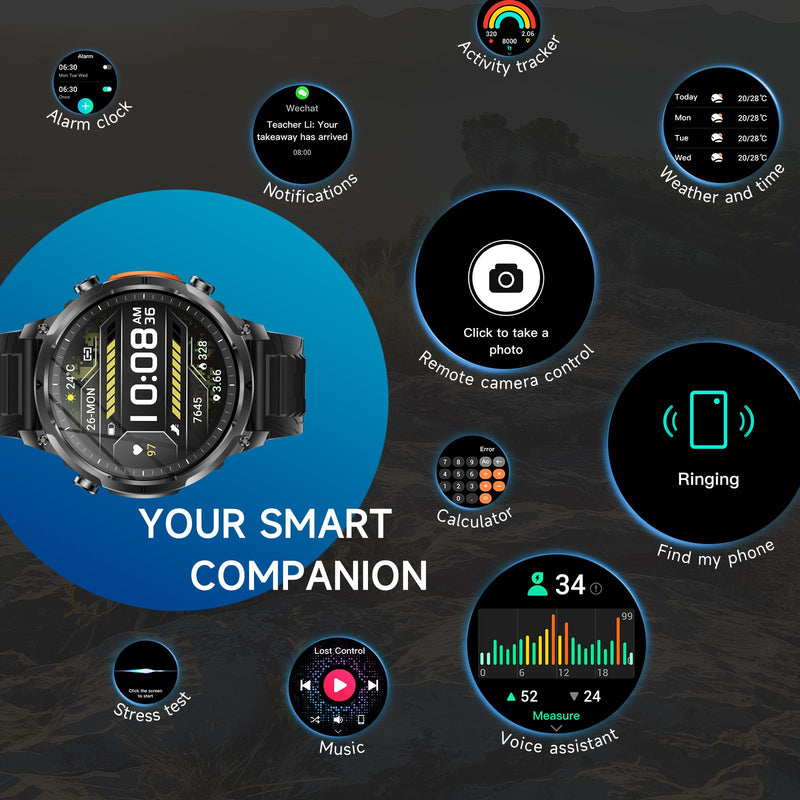 2026 New Military Smart Watches Built-in GPS and Compass with Heart Rate/SpO2/Sleep Monitor, 1.7" HD Display Outdoor Smartwatch with 720MAH/Flashlight/Bluetooth/100+Sports Modes, Android iOS Black
