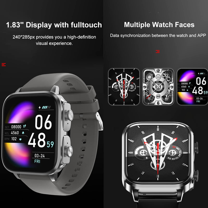 Tuanzi T22 1.83 Inch 2 in 1 Smartwatch with Earbuds TWS Wireless Bluetooth Headset Combo Bluetooth Call Heart Rate Blood Pressure Sleep Monitor Women Men Sport Fitness Tracker(T22-Black)