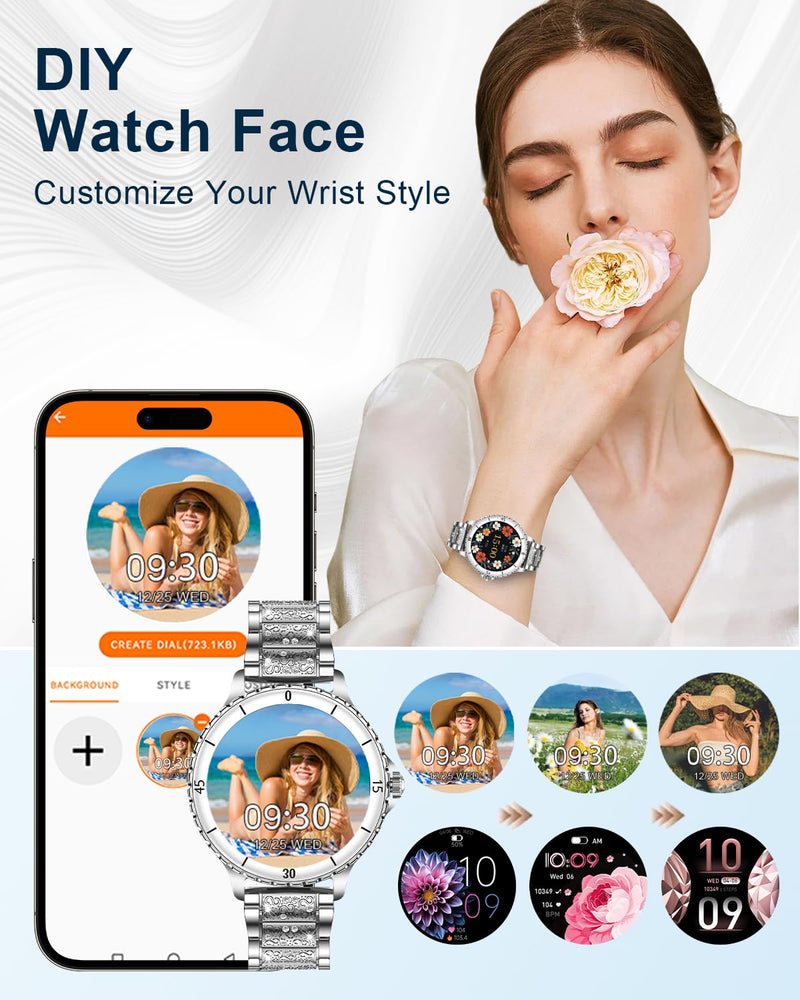 Smart Watches for Women(Answer/Make Call) with Diamond, 1.27" HD Bluetooth Smartwatch for Android iOS Phones, IP68 Fitness Tracker with Heart Rate, SpO2, Sleep Monitor, 120+ Sports, Silver