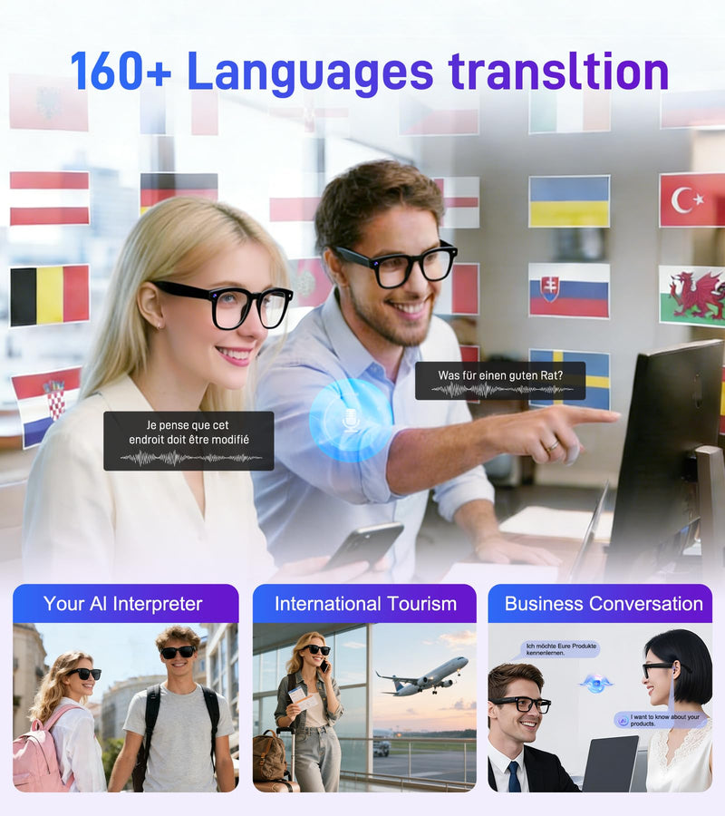 Smart Glasses with Camera and Bluetooth - AI Glasses for Men Anti-Shake Real-Time Translation Object Recognition ChatGPT Assistant Long Battery Life for Meetings Video Recording Vlogs (Universal Size) Universal Size