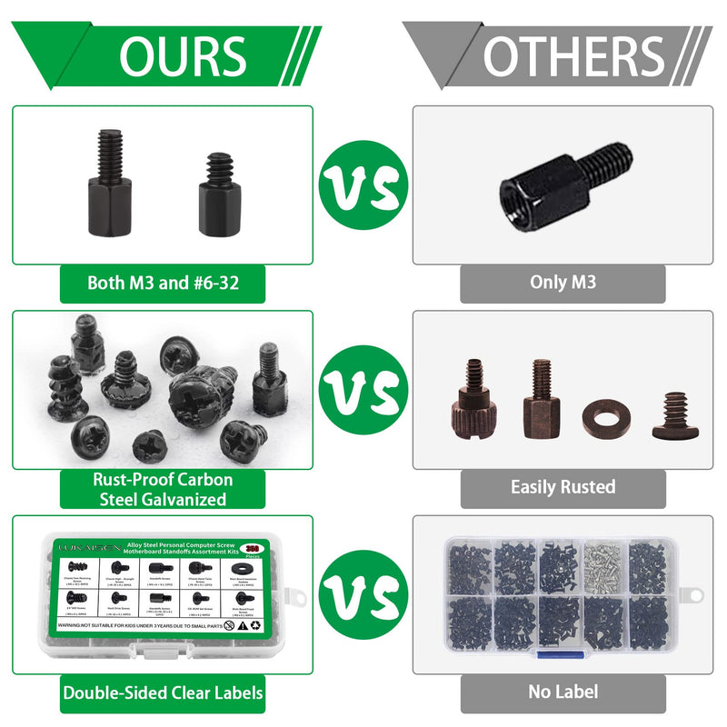 350PCS Computer Screws Assortment Kit, 6-32 Male to M3 Female Black Carbon Steel Motherboard Standoffs Screws and 350PCS Computer Screws Assortment, 6-32 Male to M3 Female Carbon Steel Nickel Plated