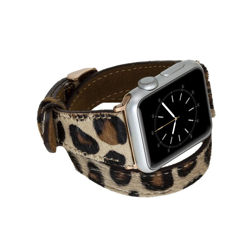Venito Serena Slim Double Wrap Leather Watch Band Compatible with Apple Watch iwatch Series 1, 2, 3, 4, 5, 6, 7, SE (Furry Leopard w/Rose Gold Stainless Steel Hardware, 38mm-40mm)