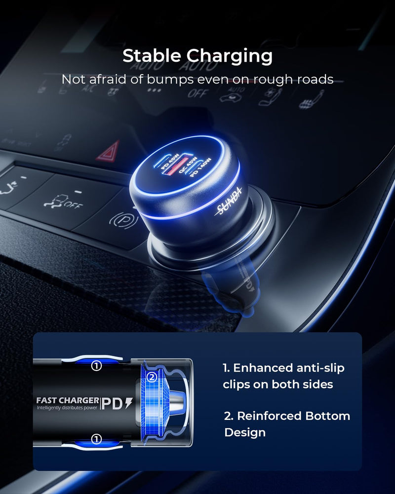 SUNDA 230W USB C Fast Car Charger, 3-Ports Mutiple Car Charger Adapter, Fast Charging PD140W/PPS63W/QC45W Compatible with iPhone17/16/15/MacBook/iPad/Laptop/SamsungS25, Cigarette Lighter USB Charger