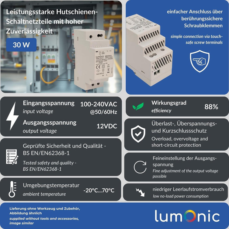 Lumonic I Power Supply DIN Rail BDR-30-12 I 12 V / 30 W I Input 100-240 VAC I Overload Protection & Short Circuit Proof I DIN-Rail Switching Power Supply I Control Cabinet & 12V