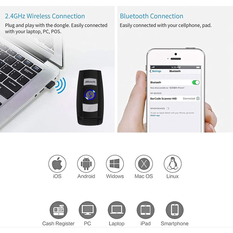 Alacrity Bluetooth Barcode Scanner, Portable Mini 1D Handheld Barcode Scanner 3-in-1 Bar Code Reader Scanner Scanning Work with Windows, Android, iOS, Tablets or Computers Able to Scan Codes on Screen 1D CCD Bluetooth Wireless Portable Scanner