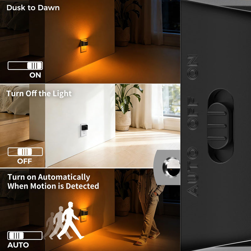 DORESshop LED Night Light[4 Pack], Night Lights Plug into Wall, 3 Mode Plug in Night Light with Motion Sensor, Dusk to Dawn Sensor, Nightlights for Adults, Bedroom, Bathroom, Hallway, Amber Black 4
