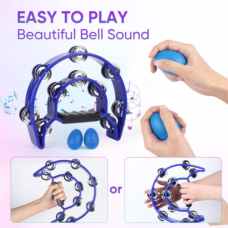 [AUSTRALIA] - Tambourine Musical Instrument with Egg Shakers - Double Row Metal Jingles Tambourines Half Moon Handheld Percussion Gift for Adults Church Musical Education KTV Party Dance (Blue) Blue 