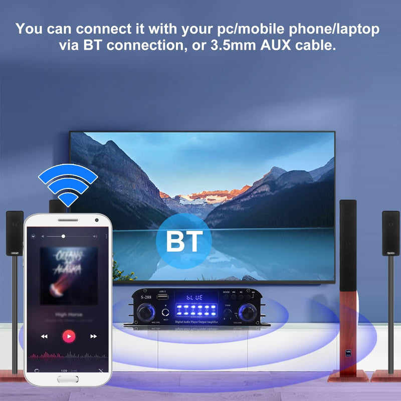 4 Channel Bluetooth 5.0 Home Audio Amplifier, 50Wx4, Max 1200W HiFi Stereo Power Amplifier USB, SD, FM Class D Speaker Amp for Home Theater Karaoke, with Power Adapter & Remote Control 4.0 CH With FM