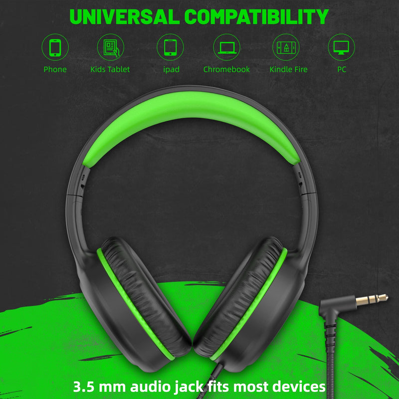 Green Wired Headphones for Boys Portable On Ear Youth Headphones for School Airplane Travel Lightweight Portable Compatible with Pad Computer Laptop for Adults Student Children Girls Kids Black/Green