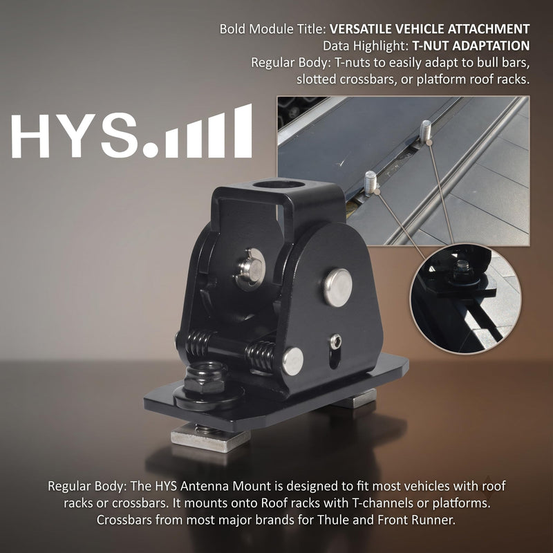 HYS 180° Rotation FoldAntenna Mount for Roof Racks, SO239 to PL-259 Cable | Rotatable bracket for easy garage clearance. Fits T-channel, platform, and bull bar roof racks. Includes 16.4ft coax cable.