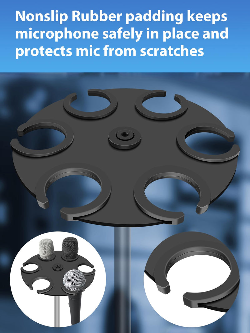 Multi-Mic Holder Up to 6 Mics (Aluminum/Rubber Padding) for Handheld Dynamic, Wired & Wireless Mics, Mic Stand Organizer, Mounts to 5/8"-27 or 3/8"-16 Threaded Stands