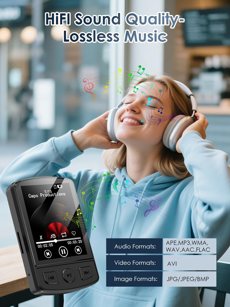 [AUSTRALIA] - MP3 Player with Clip 64GB Mini MP3 Player with Bluetooth 5.2,Portable MP3 Music Player with Earphones,HiFi-Speaker,FM Radio,Voice Recorder,E-Book for Outdoor,Home,Sporting(Black) Black 