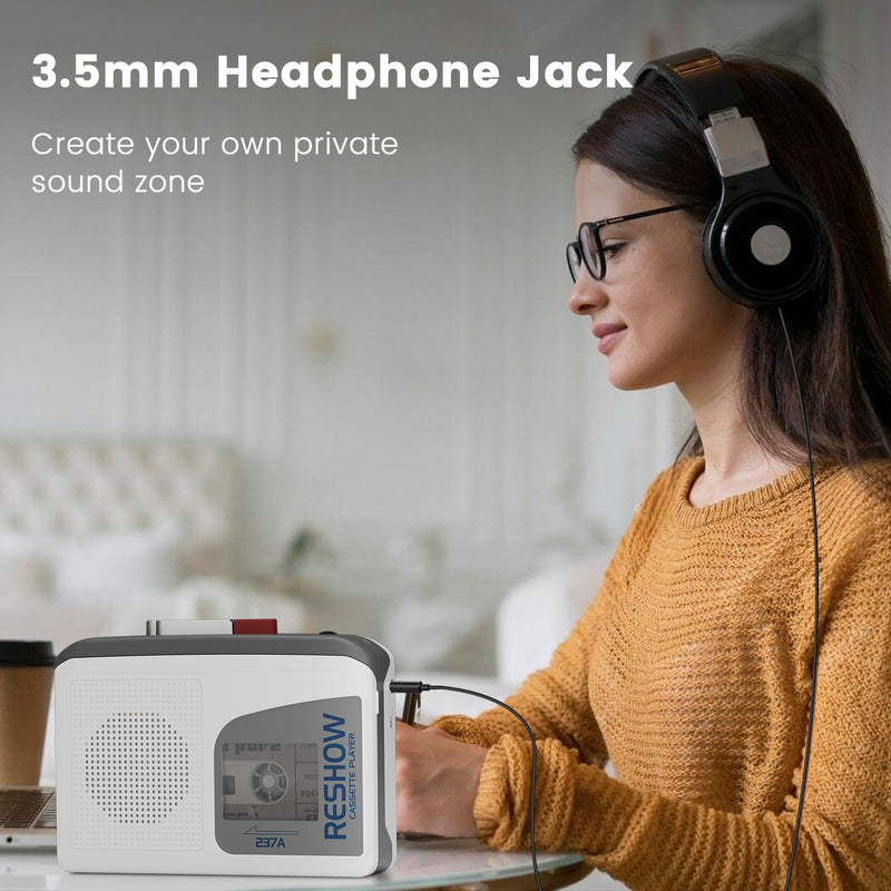 Reshow Cassette Tape Player Portable, Cassette Player Recorder with Built-in Speaker, USB-C Power, for Music Playback, Recording, Students, Travel, Nostalgic Music Lovers (Grey White) Grey White