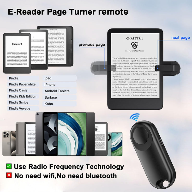 RF Remote Control Page Turner for Kindle Paperwhite Accessories Ipad Reading Kobo Surface Comics/Novels iPhone Tablets Android Taking Photos Camera Video Recording Remote Triggers Black