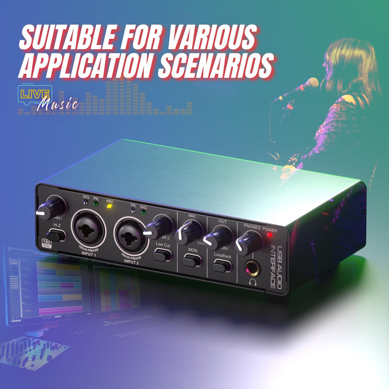 24Bit 192kHz Audio Interface, 2 In 2 Out USB Audio Interface for Recording, Streaming, Podcasting with Pro Audio Mixer, Mic Preamplifier, XLR TSR TS Ports, 48V Phantom Power