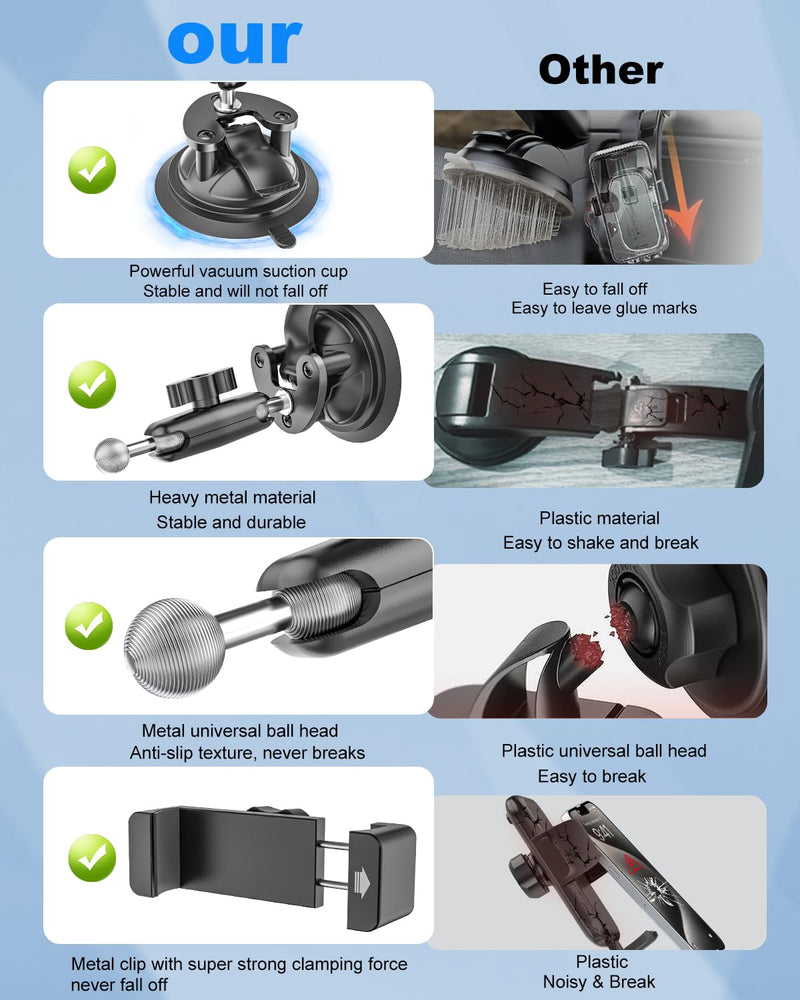 Car Phone Holder with Heavy Duty Suction Cup, Metal Adjustment Arm Car Phone Mount for Windshield, Dashboard, Side Windows, Phone Holders for Your Car for iPhone 17 Pro Max 16 15 14 Air Plus