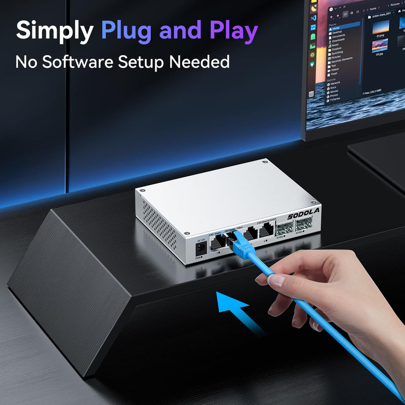 SODOLA 2.5Gb Switch,4 x 2.5G Base-T Ports, 2 x 10G SFP+ | Aluminum Alloy Cooling & Magnetic Mounting,2.5 Gigabit Network Switch Fanless Plug & Play, Unmanaged Multi-Gigabit Switch 4