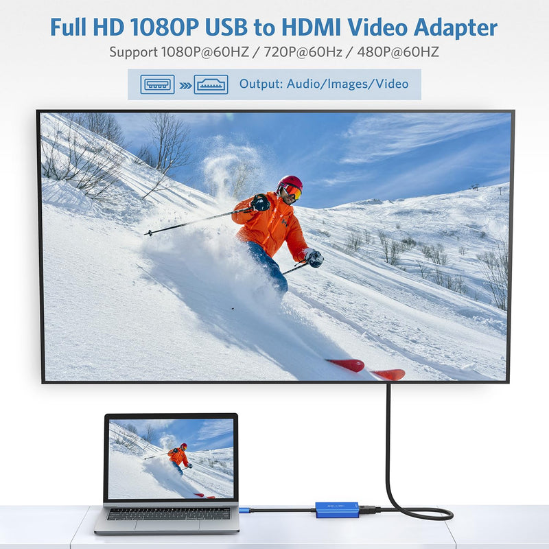 ABLEWE USB to HDMI Adapter, 2023 Upgraded Aluminum USB 3.0/2.0 to HDMI Audio Video Converter for PC Laptop Projector HDTV, Support Mac OS, Windows 10/8.1/8/7, Chrome OS, Blue. (Not Support Linux)