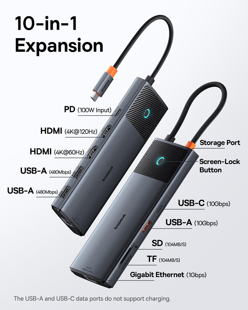 Baseus Docking Station Dual Monitor,10Gbps 10 in 1 Docking Station with 2 HDMI Single 4K@120Hz, Dual 4K@ 60Hz,10Gbps USB C and USB A, Gigabit Ethernet, PD 100W, SD/TF for iPhone 15/Mac/Dell/HP/Lenovo Black