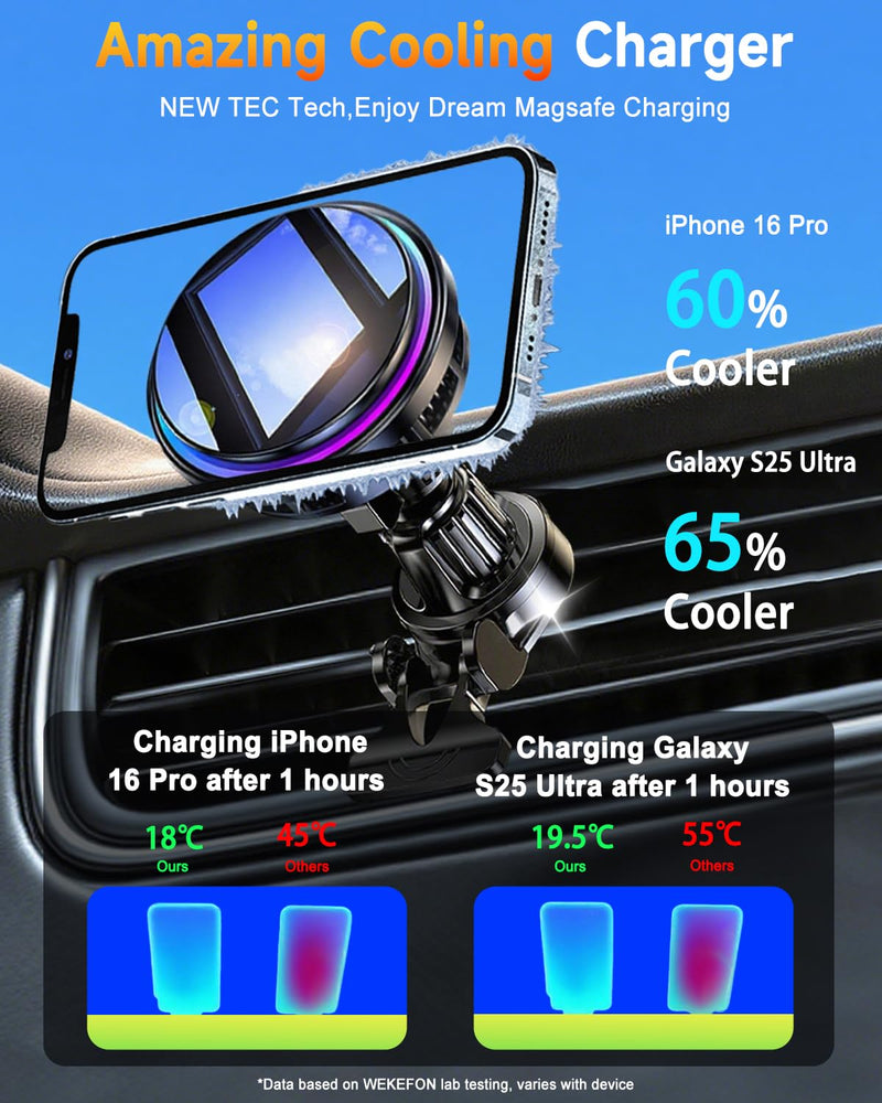 for MagSafe Car Mount Charger TEC Fan Cooling Magnetic Wireless Car Charger | Strong Magnet 15W Fast Charging Air Vent Car Phone Holder Bracket for Your Car for iPhone 17 16 15 14 13 12 Samsung & Android Black 1