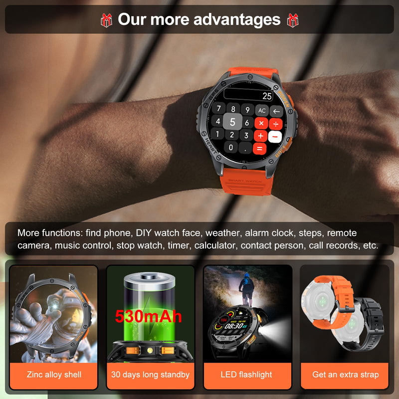Military Smart Watch for Men, Built-in GPS, 30-day standby, 1.43" AMOLED | Compass & Altimeter for outdoors，Tactical flashlight, 170+ Sport Modes & Bluetooth Calls. iOS/Android Compatible. Black & Orange (2 Bands)