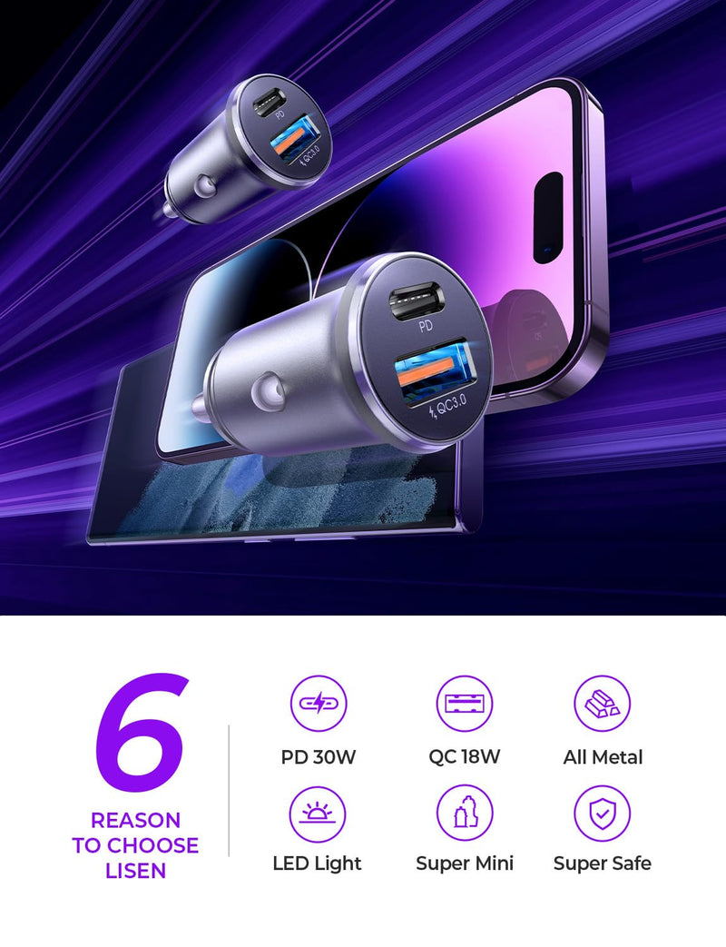 LISEN 48W USB C Car Charger Adapter [2 Pack] [Mini & Metal] Cigarette Lighter USB Charger Fast Charging [PD QC 3.0] USBC Car Phone Charger for iPhone 17 Pro Max Plus 16 Galaxy iPad Silver Kits