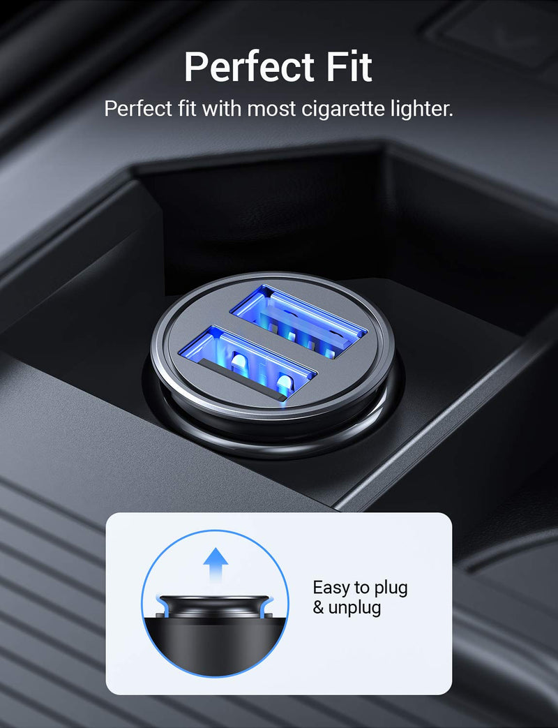 Car Charger, AINOPE 4.8A All Metal Car Charger Adapter Mini Flush Fit USB Car Charger Dual Port Charging Compatible with iPhone 12/11 pro/XR/x/7/6s, iPad Air 2/Mini 3, Note 9/Galaxy S10/S9/S8-Black Black