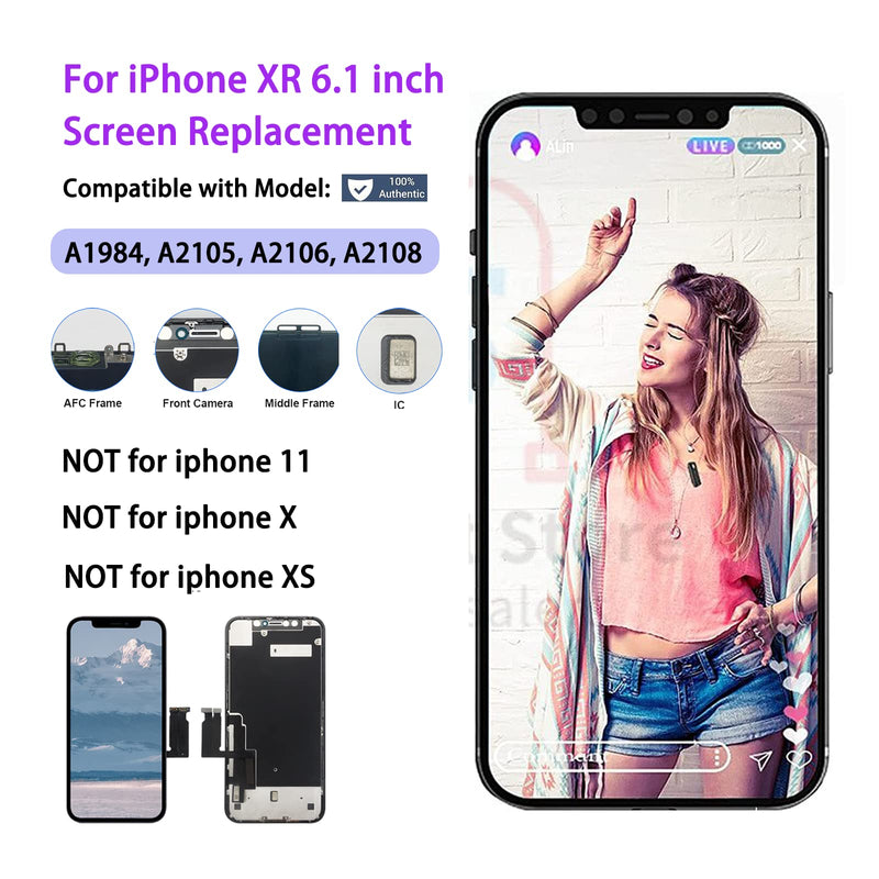 for iPhone XR LCD Screen Replacement 6.1 inch(Model A1984, A2105, A2106, A2108) Display digitizer Assembly Touch Screen,with Frame Assembly Repair Tool for iPhone XR