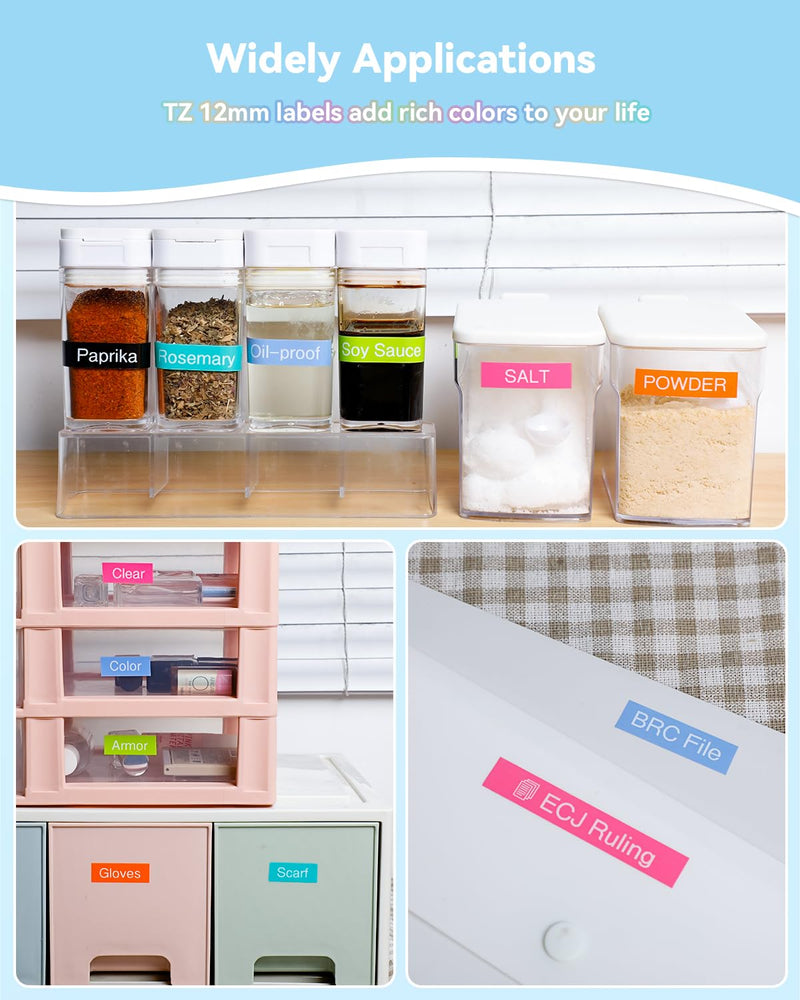[AUSTRALIA] - Replacement for Brother P-Touch Label Maker Tape TZe 12mm 0.47 Ribbon Laminated TZ Colored Refills Compatible with Brother P Touch PT-D210 D220 H110 1000 1280 D400 Cube, 1/2" x 26.2', 6 Pack Pink/Blue/Yellow/Green/ Black/Lime Green 