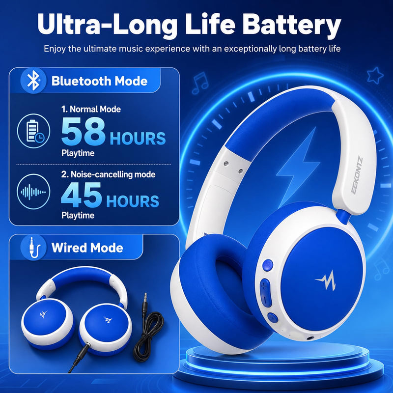 Kids Wireless Headphones,Over-Ear Headset for Boys | Active Noise Cancelling, 58H Playtime, Safe Volume, 3.5mm Wired Option for iPad/Tablet,School,Travel Blue